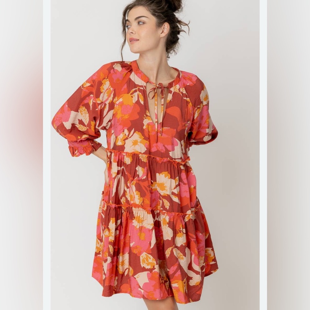 Fabrik Mini Floral Babydoll Dress Red Pink Orange 3/4 Sleeve size small EUC - Picture 2 of 8